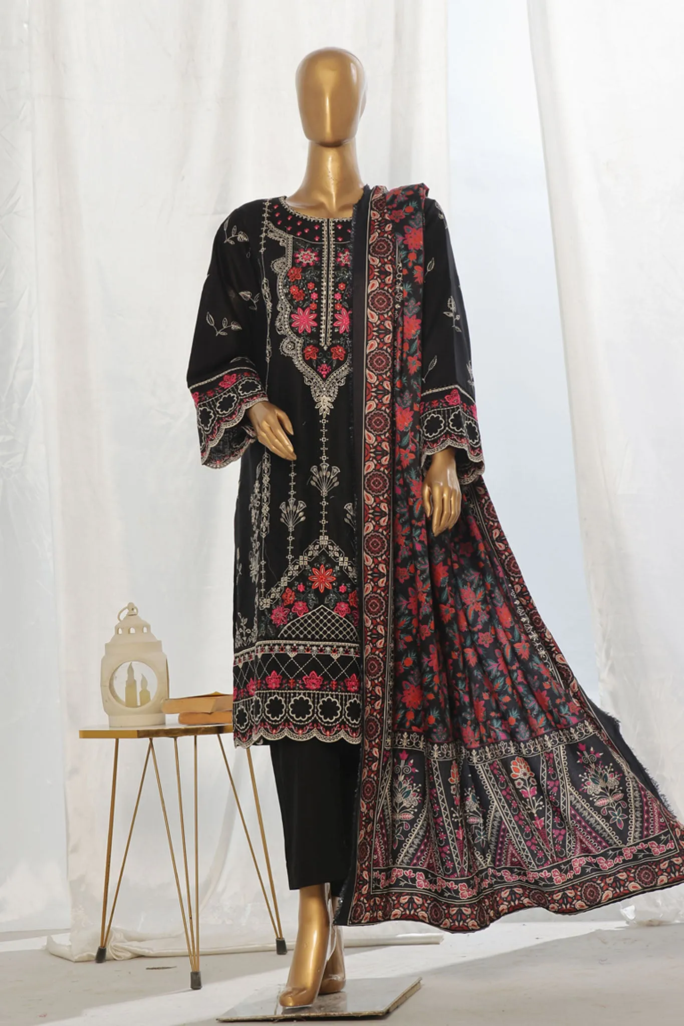 Bin Saeed Stitched 3 Piece Exclusive Slub Emb Khaddar Vol-03 Collection'2024-WKK-1281-Black