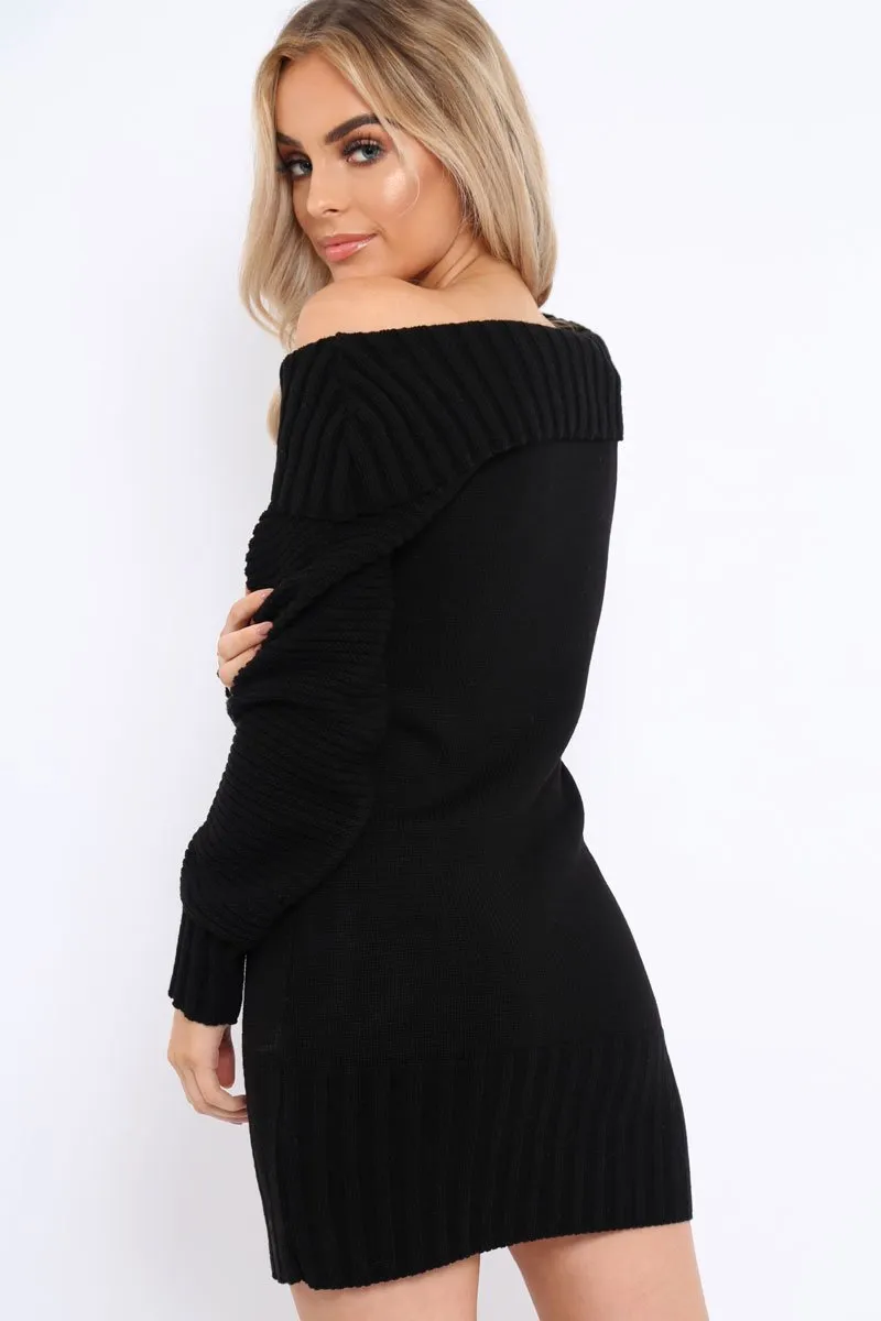 Black Bardot Chunky Knit Jumper Dress - Kaidyn