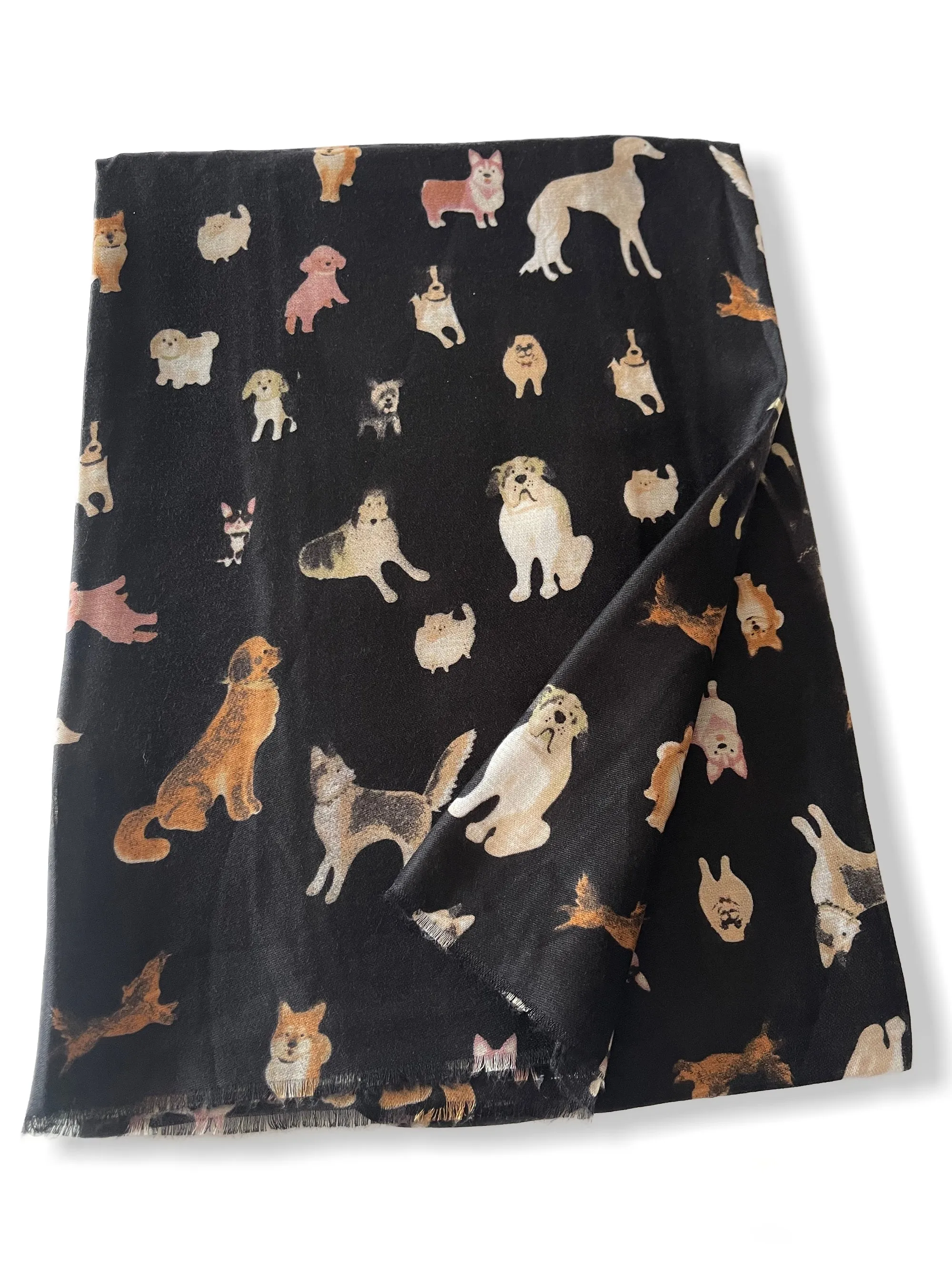 BLACK COTTON BLEND DOG PRINT LIGHTWEIGHT SCARF