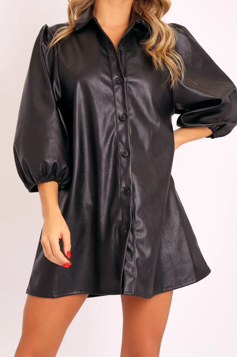 Black Faux Leather Puff Sleeve Shirt Dress - Fizza