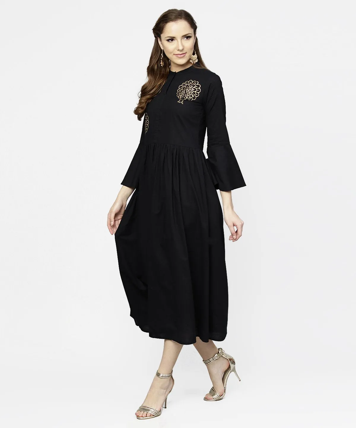 Black Full Sleeve Golden Boota Printed Cotton Maxi Dress