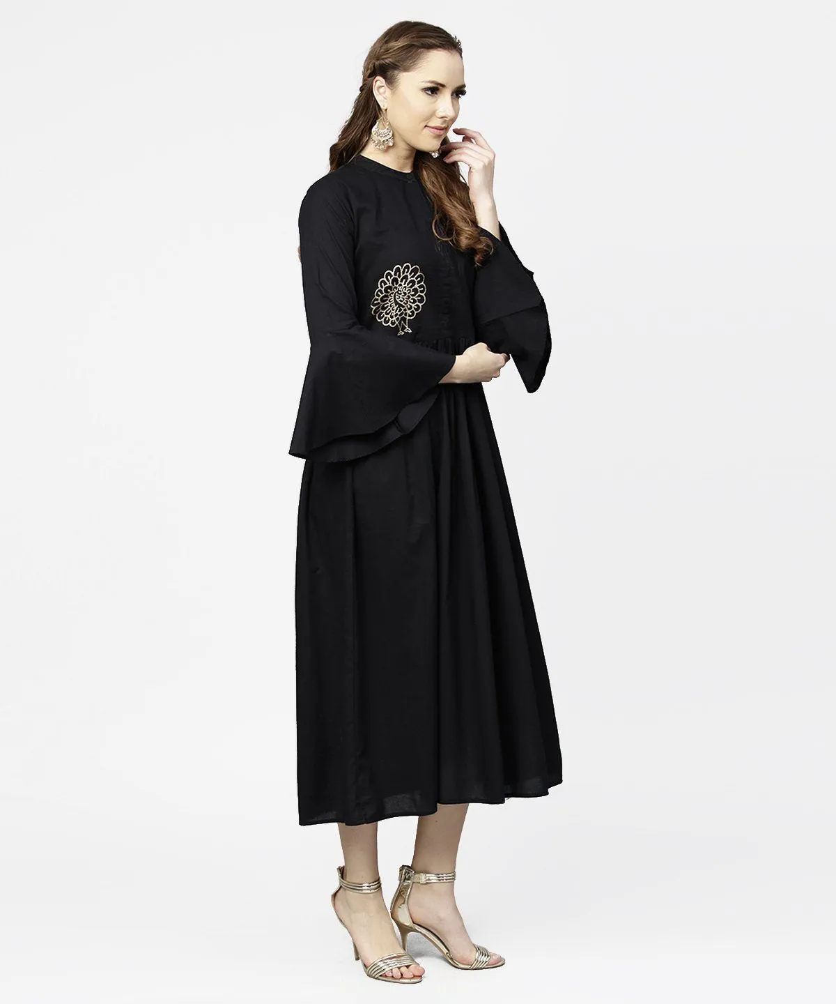 Black Full Sleeve Golden Boota Printed Cotton Maxi Dress