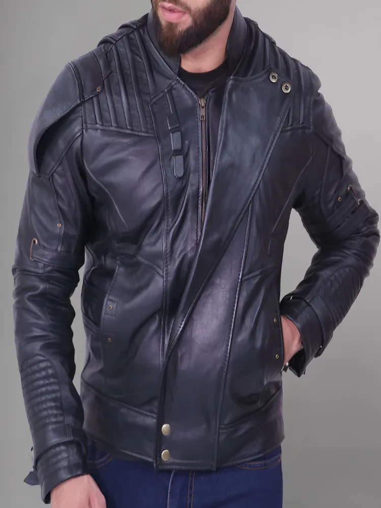 Black Short Collar Biker Genuine Sheepskin Leather Jacket