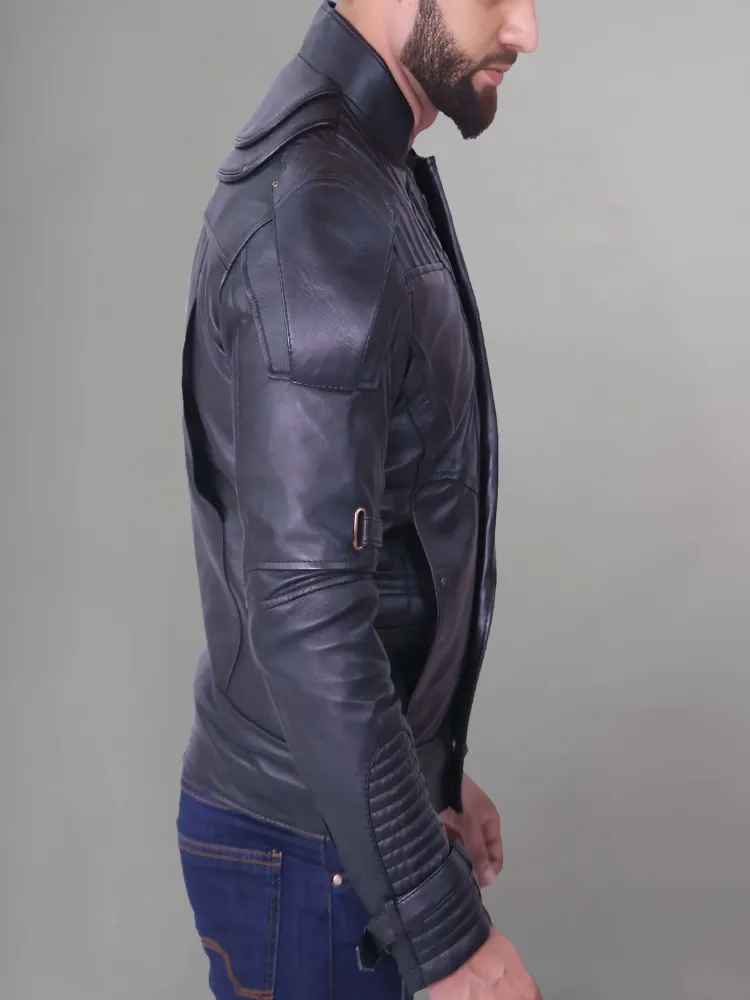 Black Short Collar Biker Genuine Sheepskin Leather Jacket