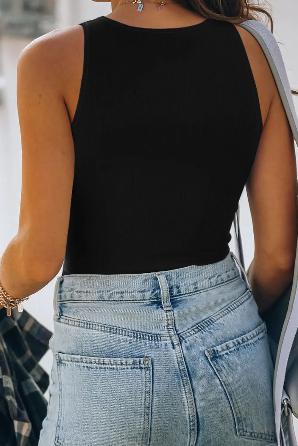 Black Textured Rib Knit Sleeveless Crop Top