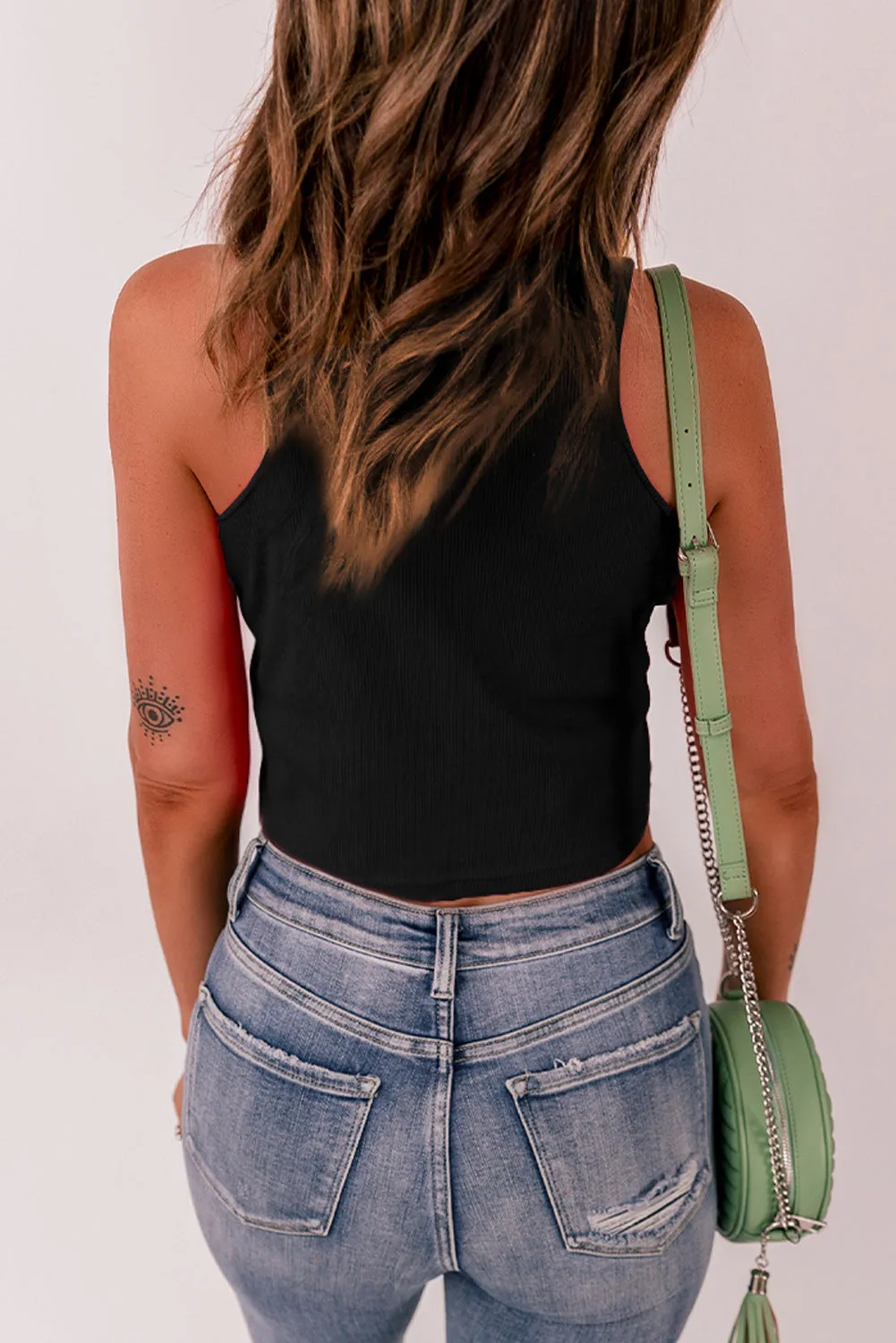 Black Textured Rib Knit Sleeveless Crop Top