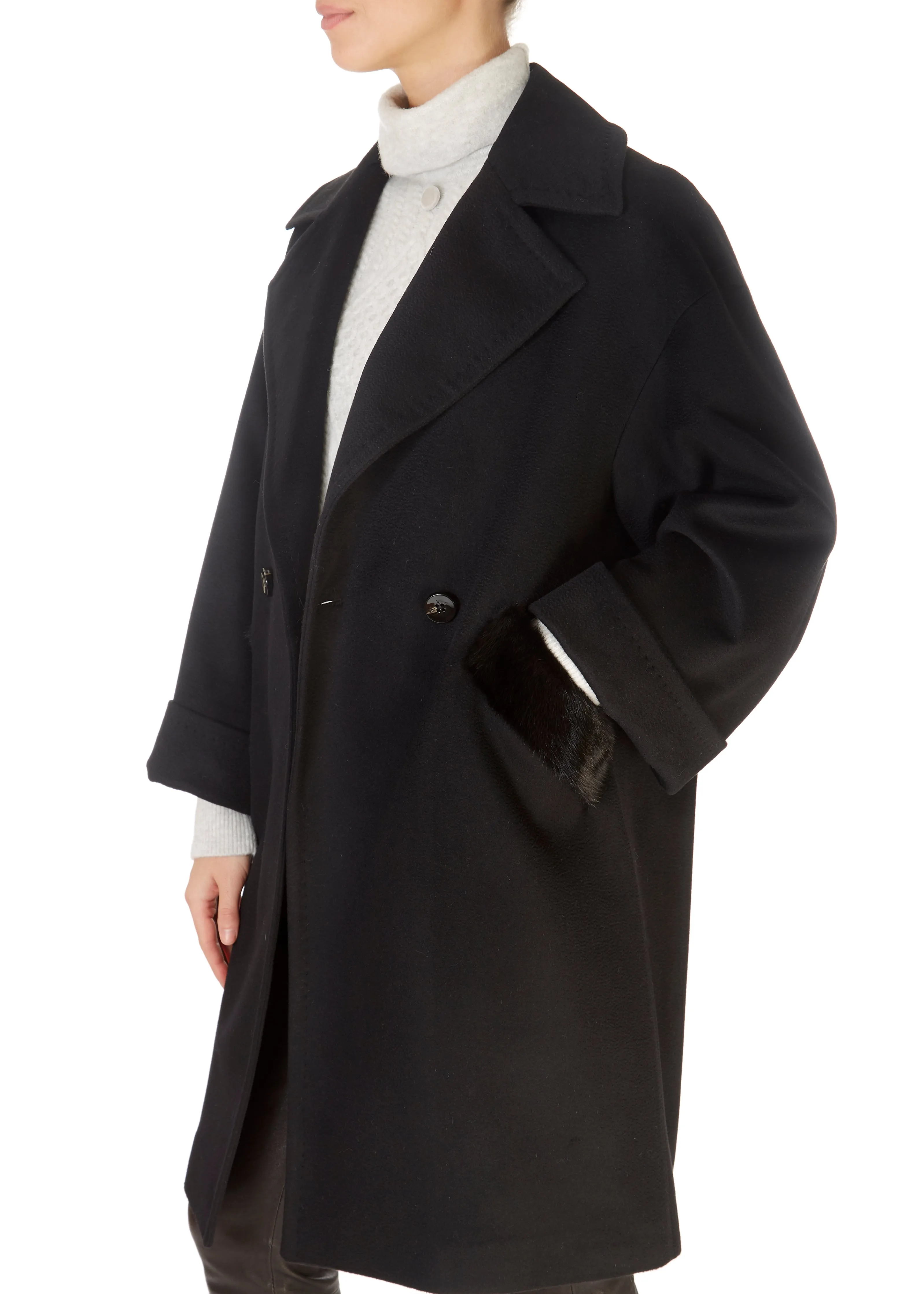 Black Wool Double Breasted Coat With Mink Trim