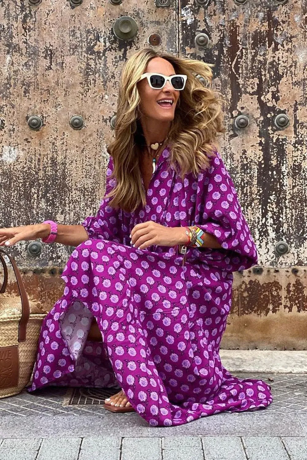 Bohemian Purple Printed Maxi Dress with Puff Sleeves