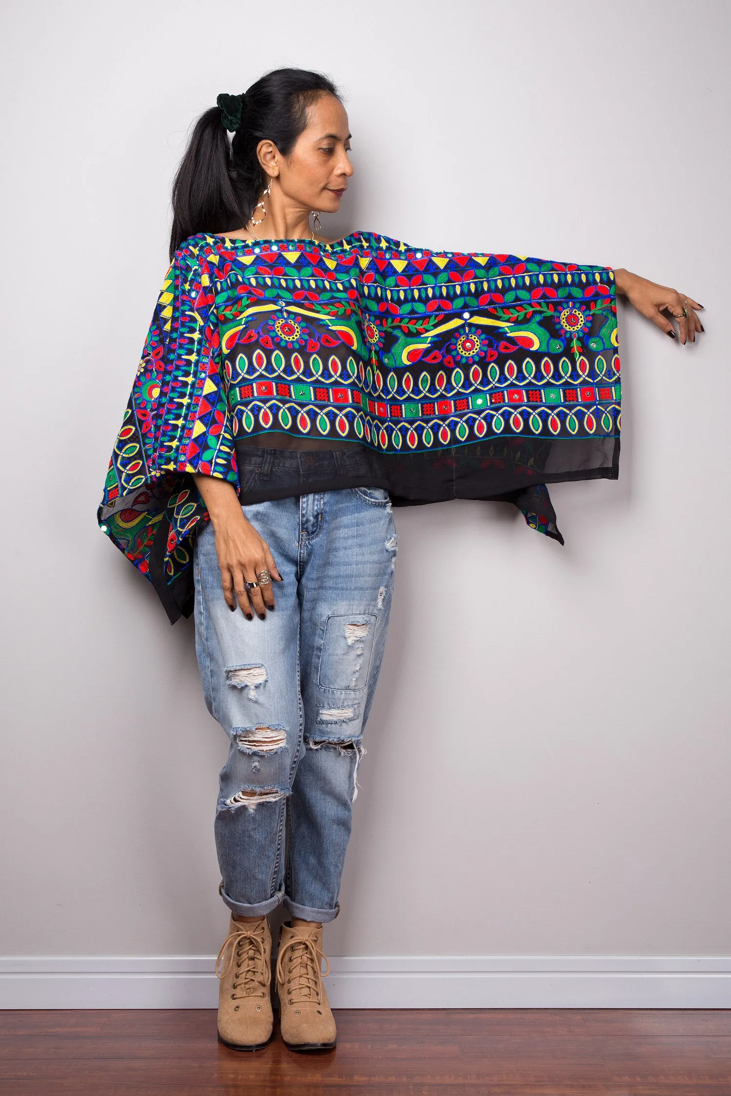 Boho poncho top with embroidery