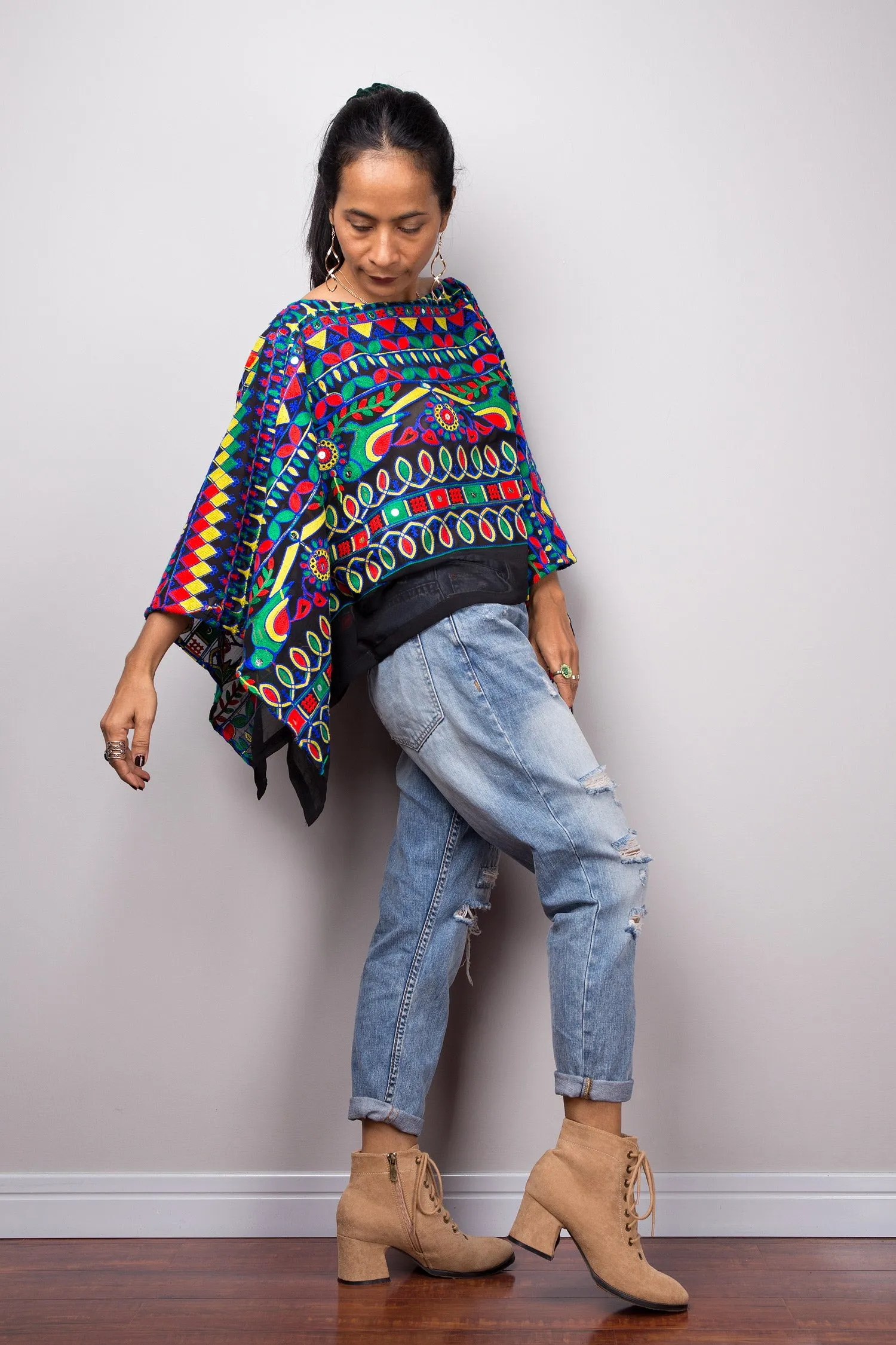 Boho poncho top with embroidery