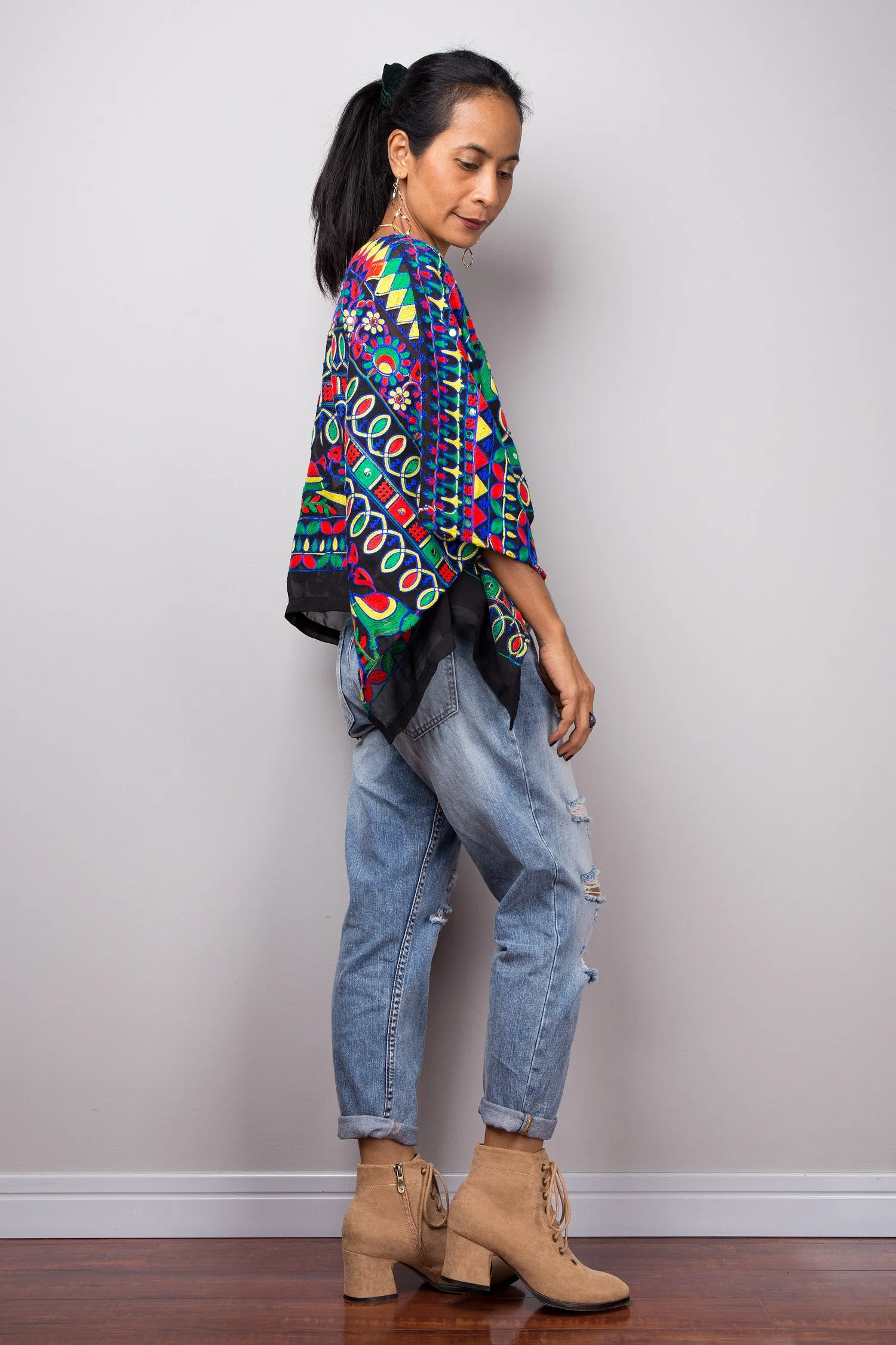 Boho poncho top with embroidery