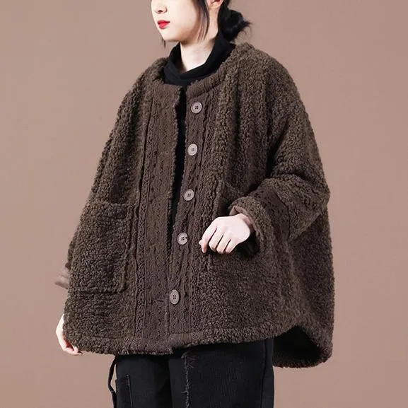 boutique trendy spring coats chocolate o neck patchwork fuzzy wool coat for woman