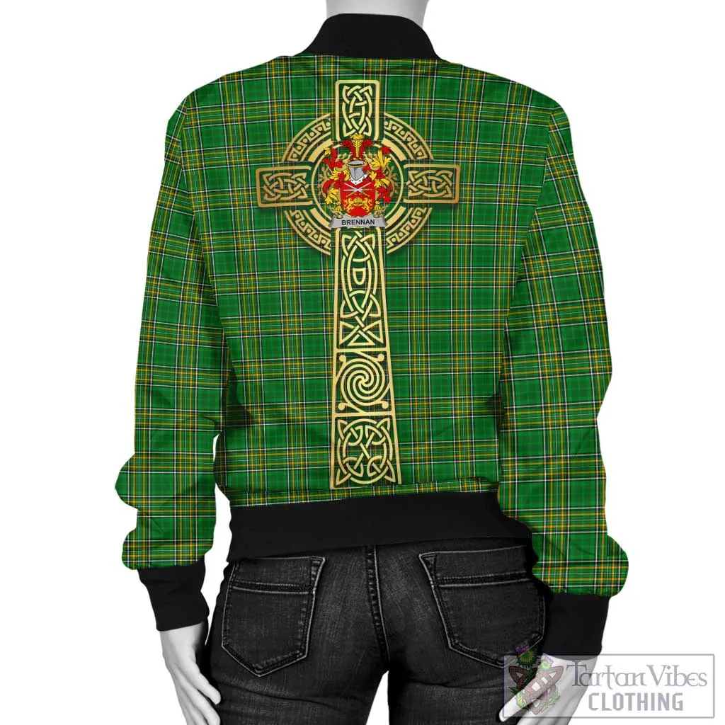 Brennan Irish Clan Tartan Bomber Jacket with Coat of Arms Celtic Tree of Life Style