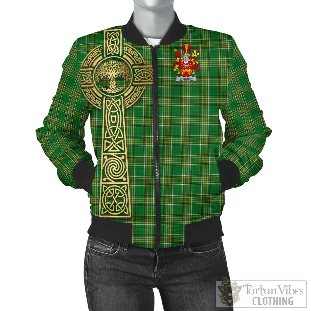 Brennan Irish Clan Tartan Bomber Jacket with Coat of Arms Celtic Tree of Life Style