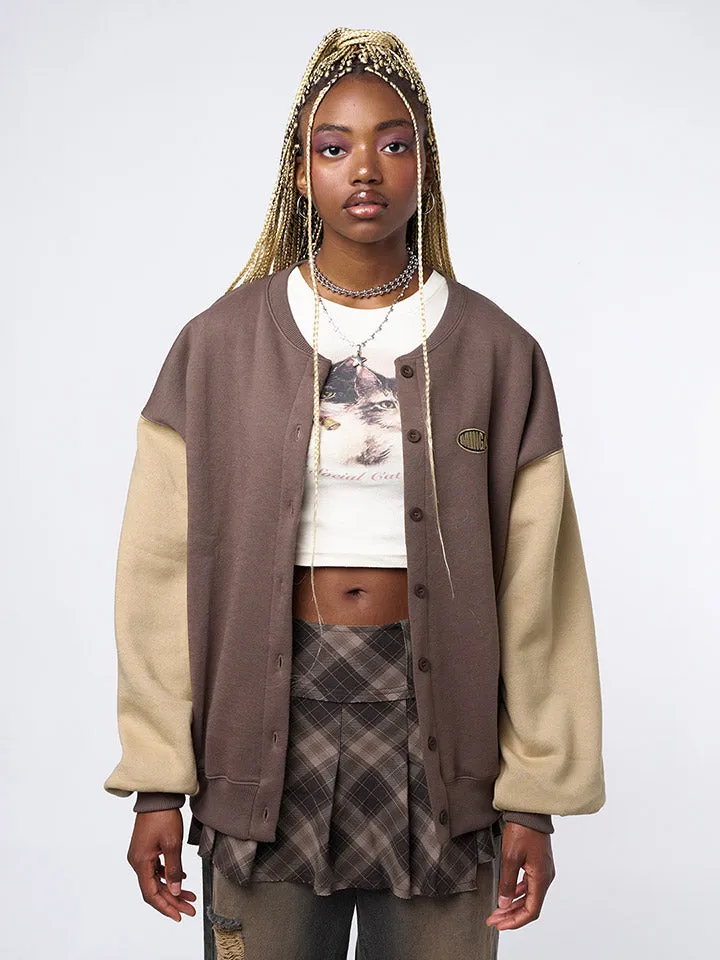 Brown Beige Colour Block Bomber Jacket