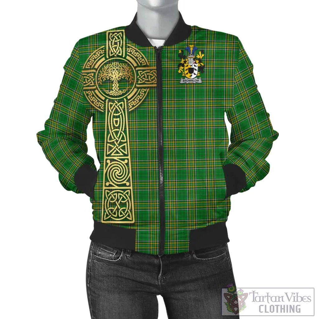 Brownlow Irish Clan Tartan Bomber Jacket with Coat of Arms Celtic Tree of Life Style