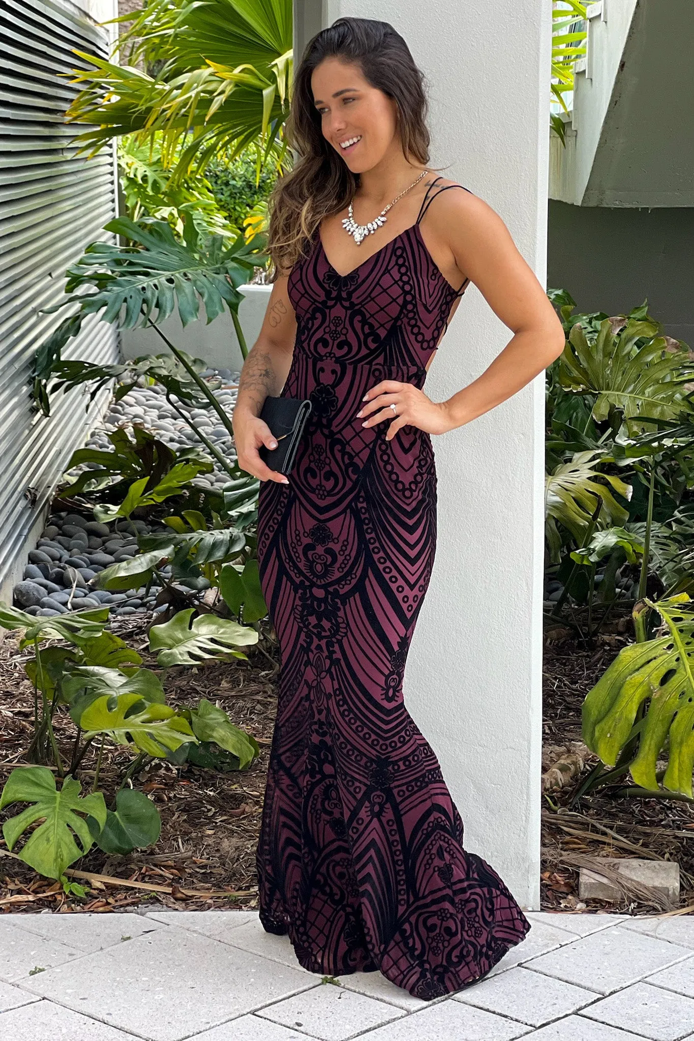 Burgundy Velvet Mermaid Maxi Dress