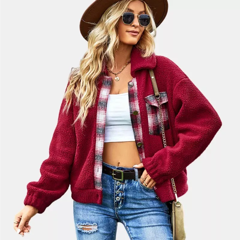 Button Closure Chest Pocket Fuzzy Fleece Sherpa Jacket in Burgundy