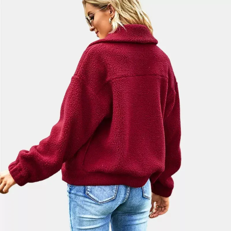 Button Closure Chest Pocket Fuzzy Fleece Sherpa Jacket in Burgundy