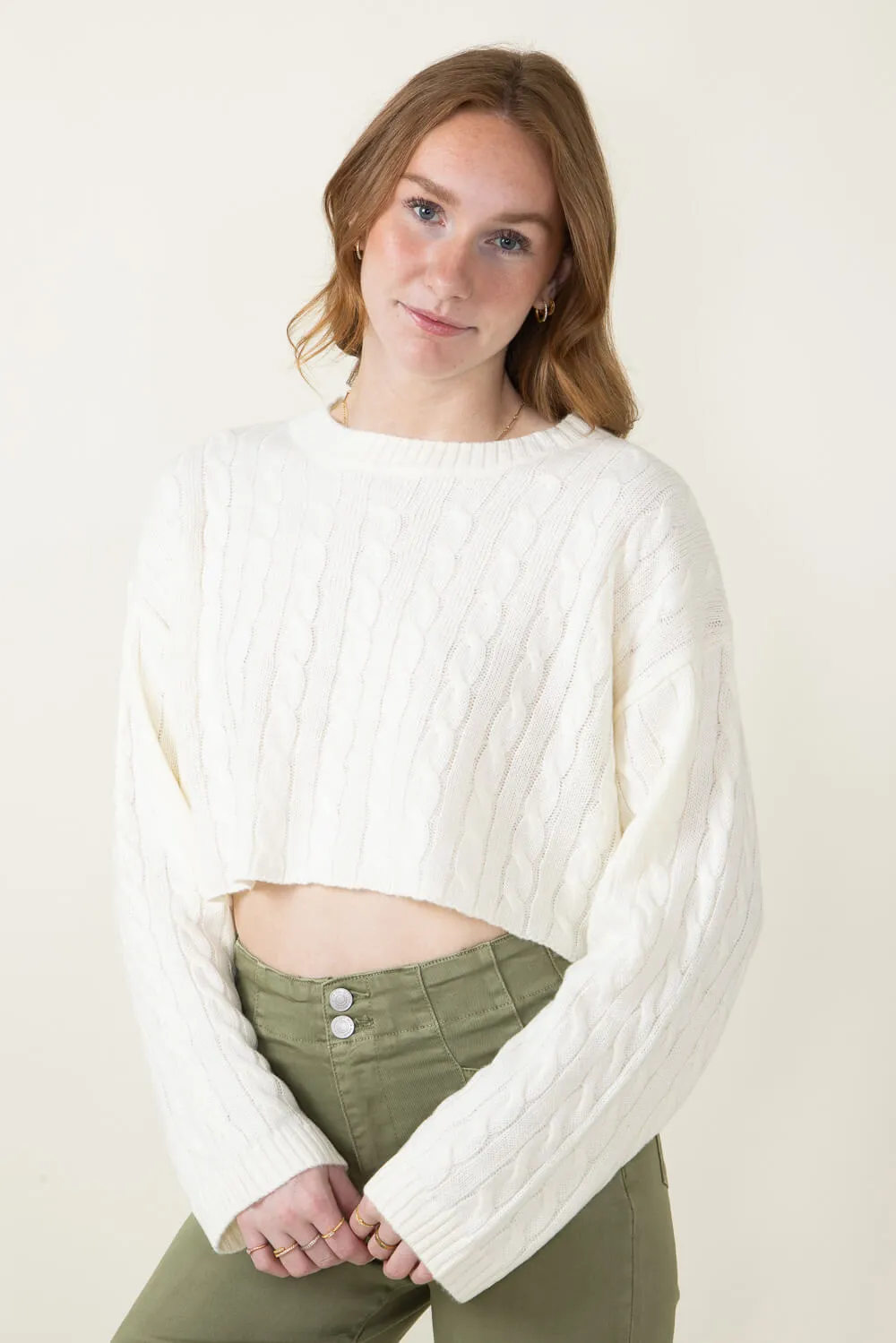 Cable Knit Crop Sweater for Women in Ivory | MT1543-IVORY