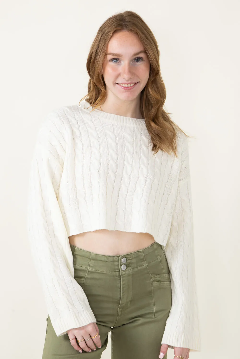 Cable Knit Crop Sweater for Women in Ivory | MT1543-IVORY