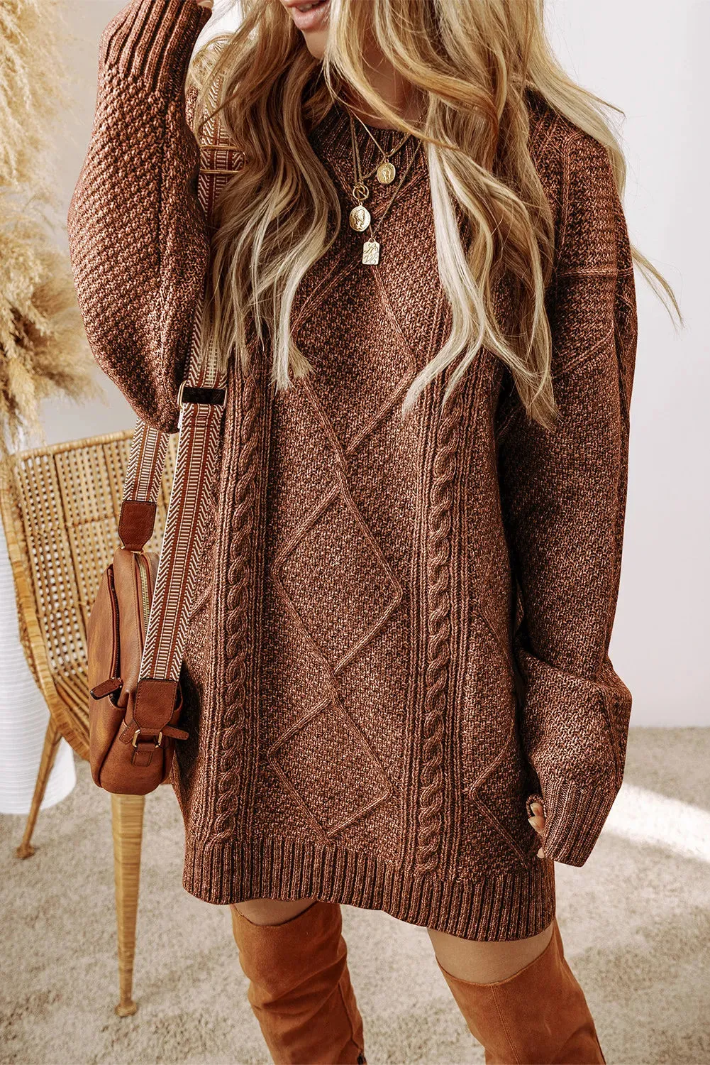 Cable-Knit Round Neck Sweater Dress - 4 Colors