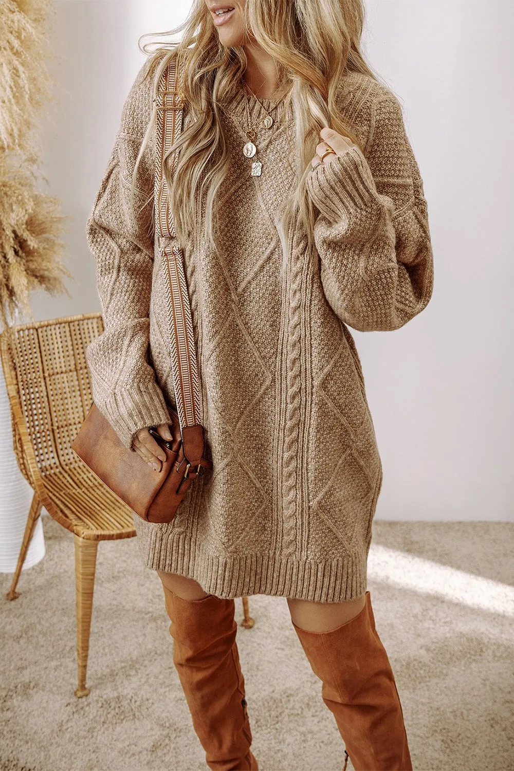 Cable-Knit Round Neck Sweater Dress - 4 Colors