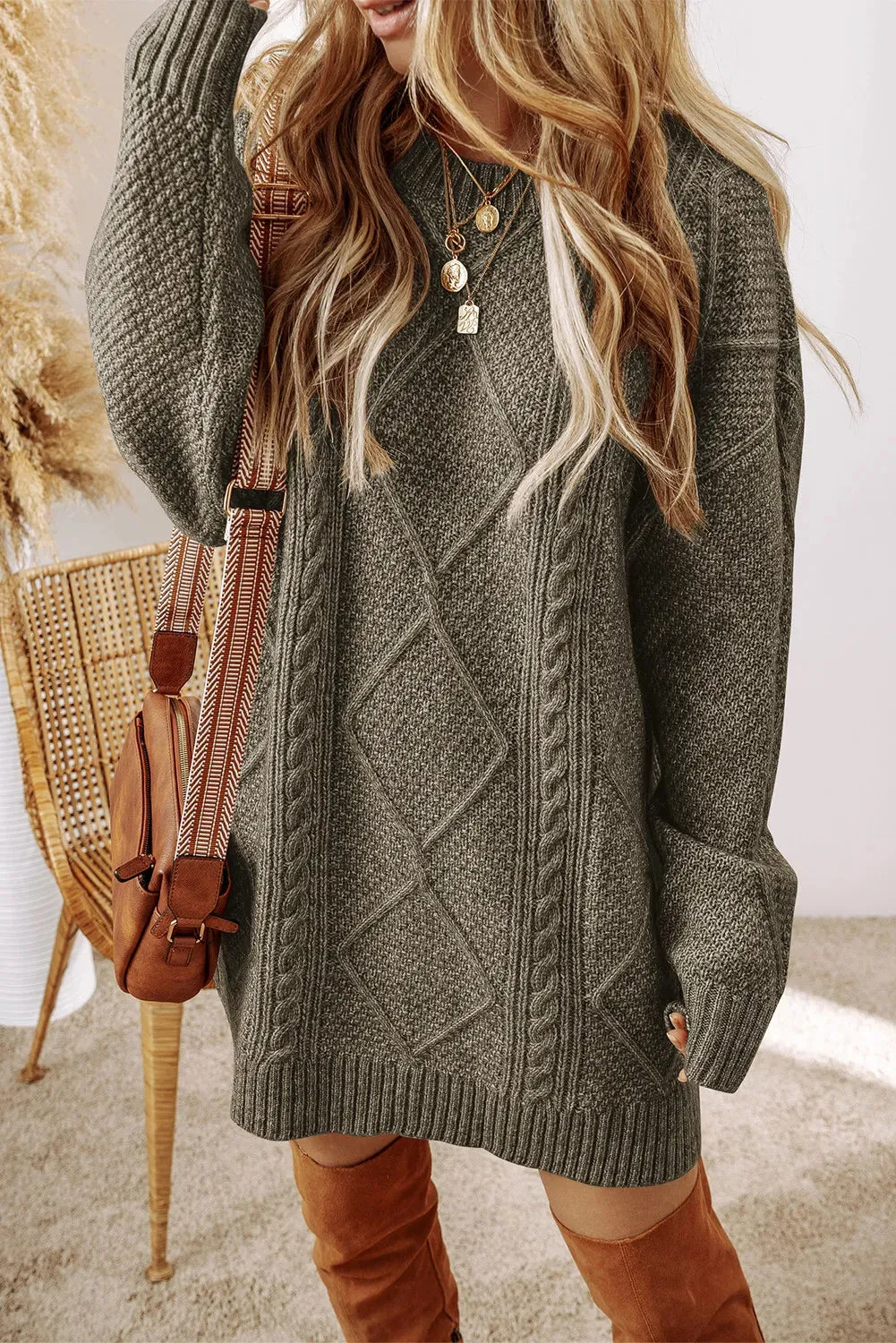 Cable-Knit Round Neck Sweater Dress - 4 Colors