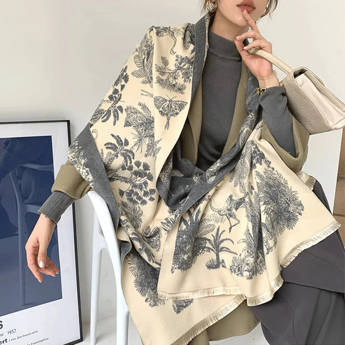 Cashmere Floral Print Winter Blanket Wrap Scarf