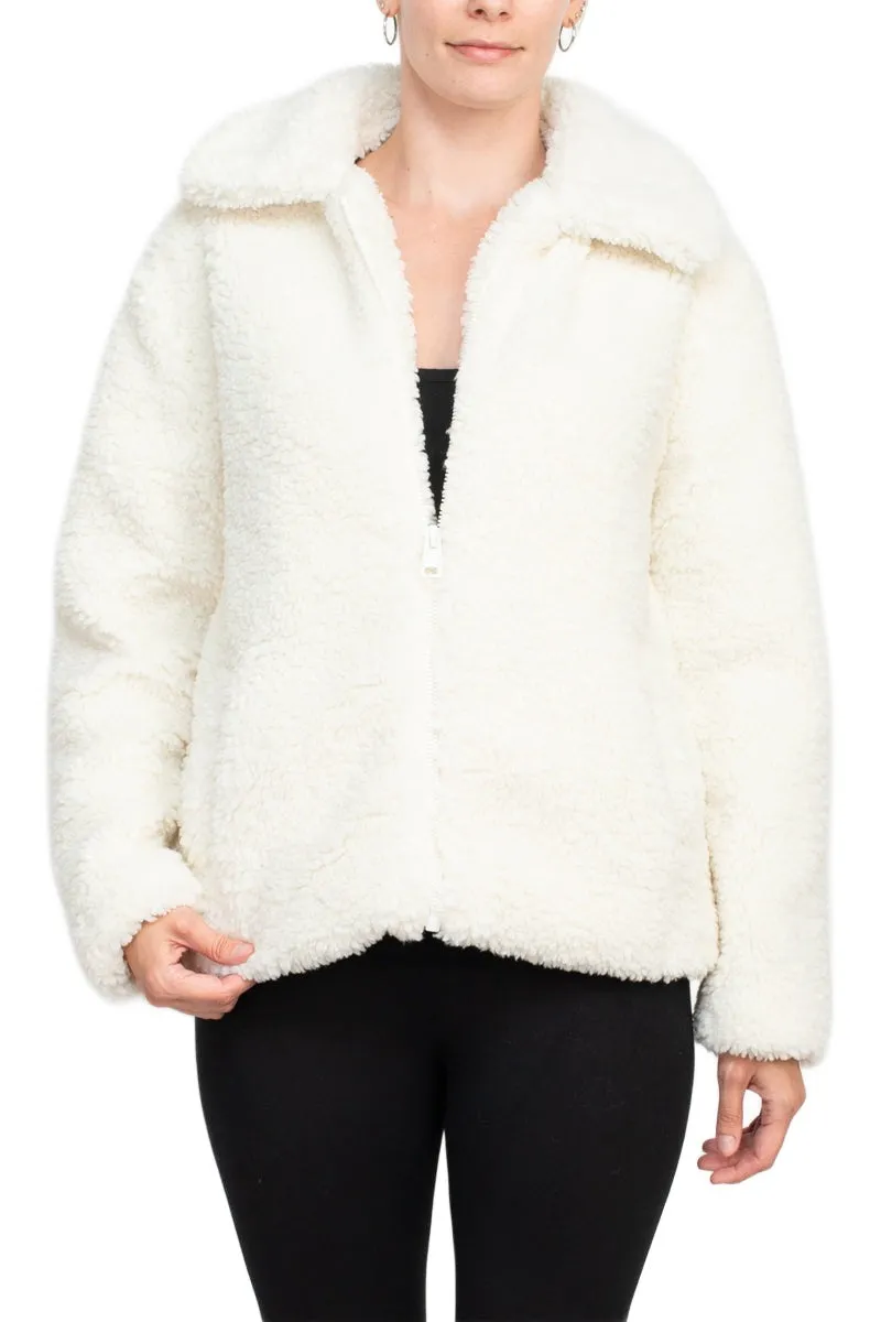 Catherine Malandrino collared V-neck long sleeve zipper front Sherpa jacket