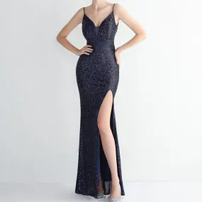 Cecil Spaghetti Straps V-neck Sequined  Evening Maxi Dress