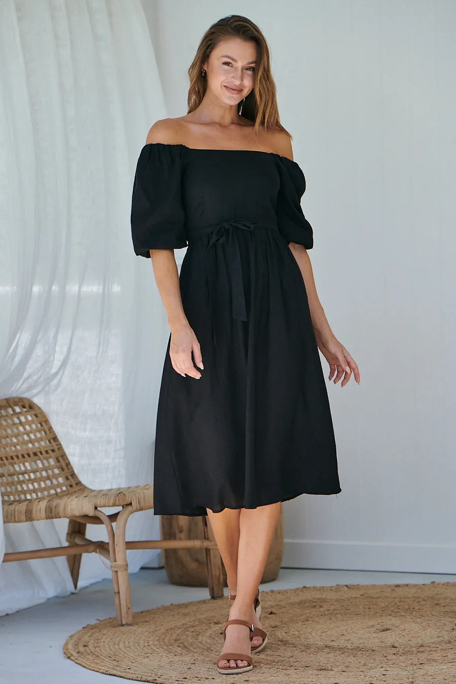 Cora Black Linen Tie Maxi Dress