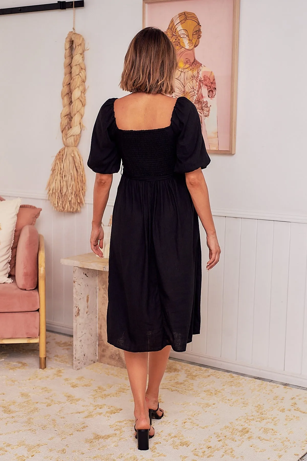 Cora Black Linen Tie Maxi Dress