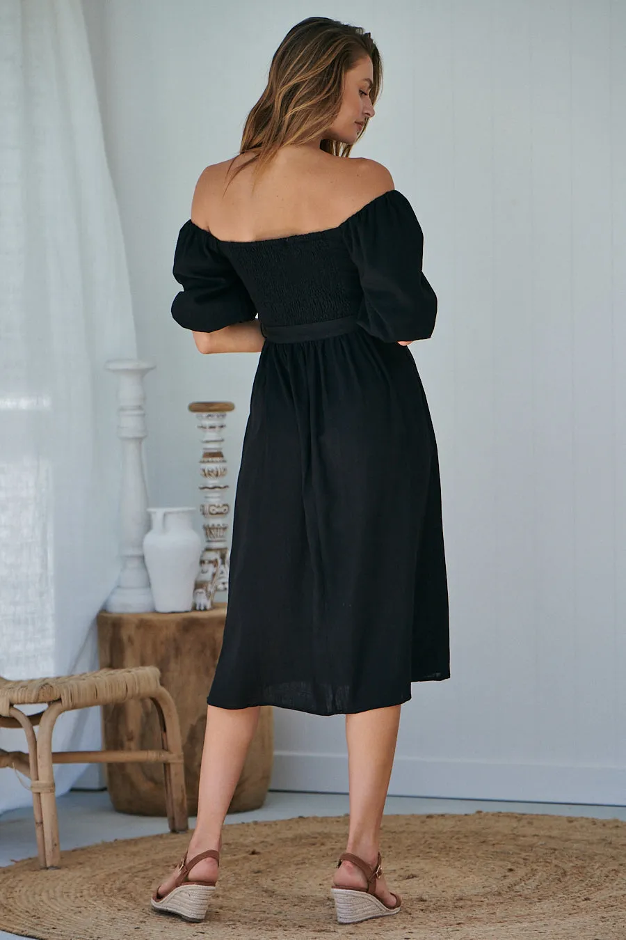 Cora Black Linen Tie Maxi Dress