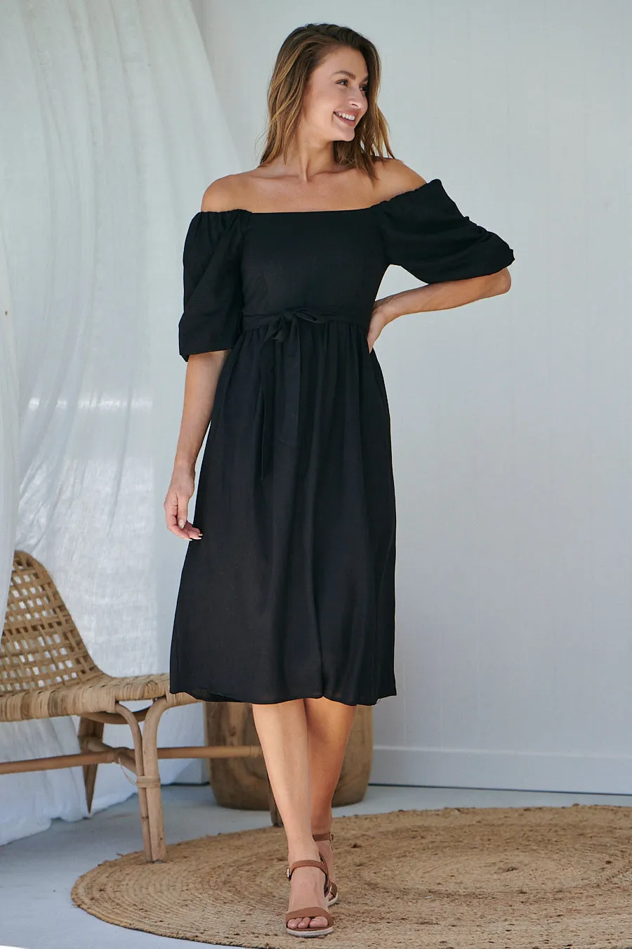 Cora Black Linen Tie Maxi Dress