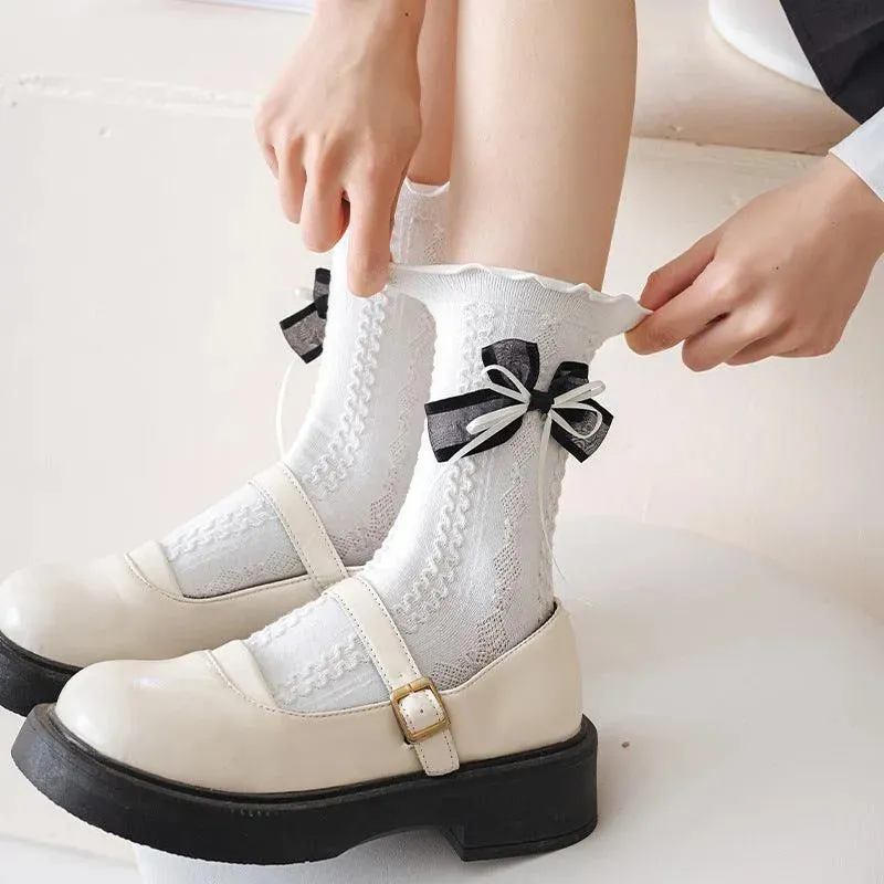 Cotton Lolita Socks With Ruffle | Frilly Socks With Bowknot | Cute Socks