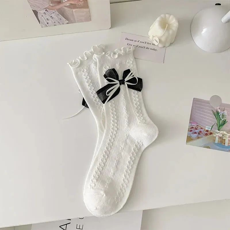 Cotton Lolita Socks With Ruffle | Frilly Socks With Bowknot | Cute Socks