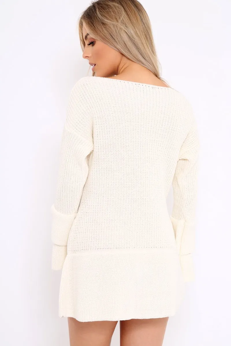 Cream Bell Sleeve Extreme Hem Chunky Knit Jumper Dress - Paige