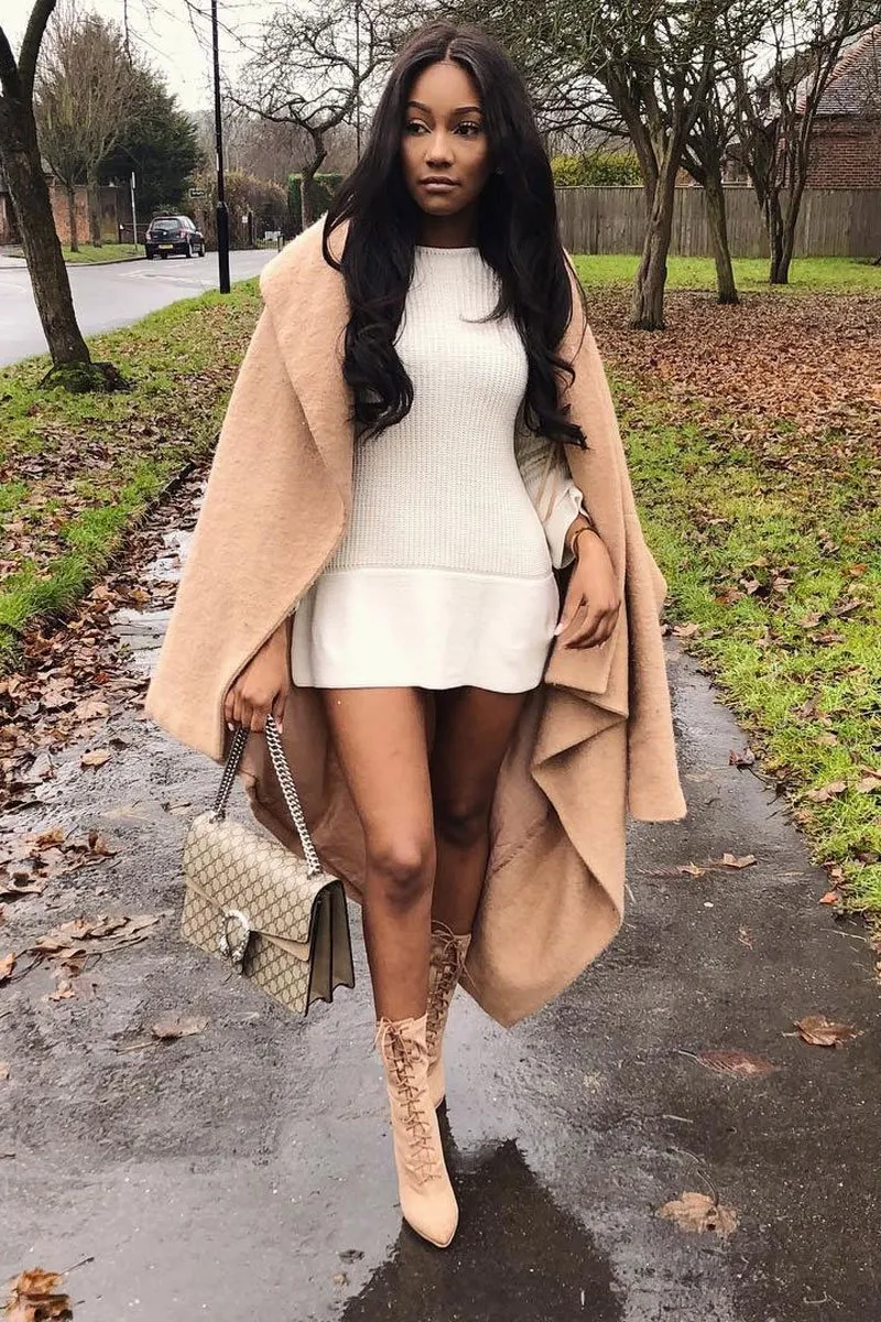 Cream Bell Sleeve Extreme Hem Chunky Knit Jumper Dress - Paige