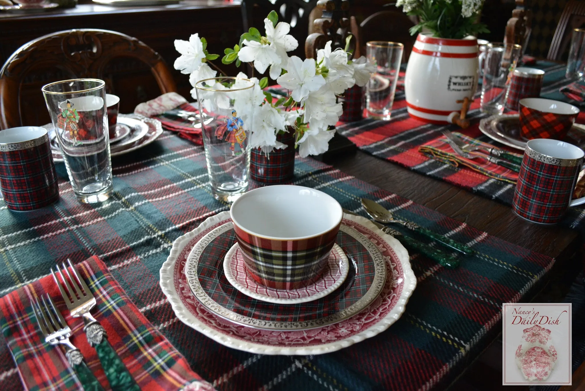 Cream Houndstooth & Plaid Reversible Oversized Table Runner Scarf Shawl - Extra Long Thick & Wide