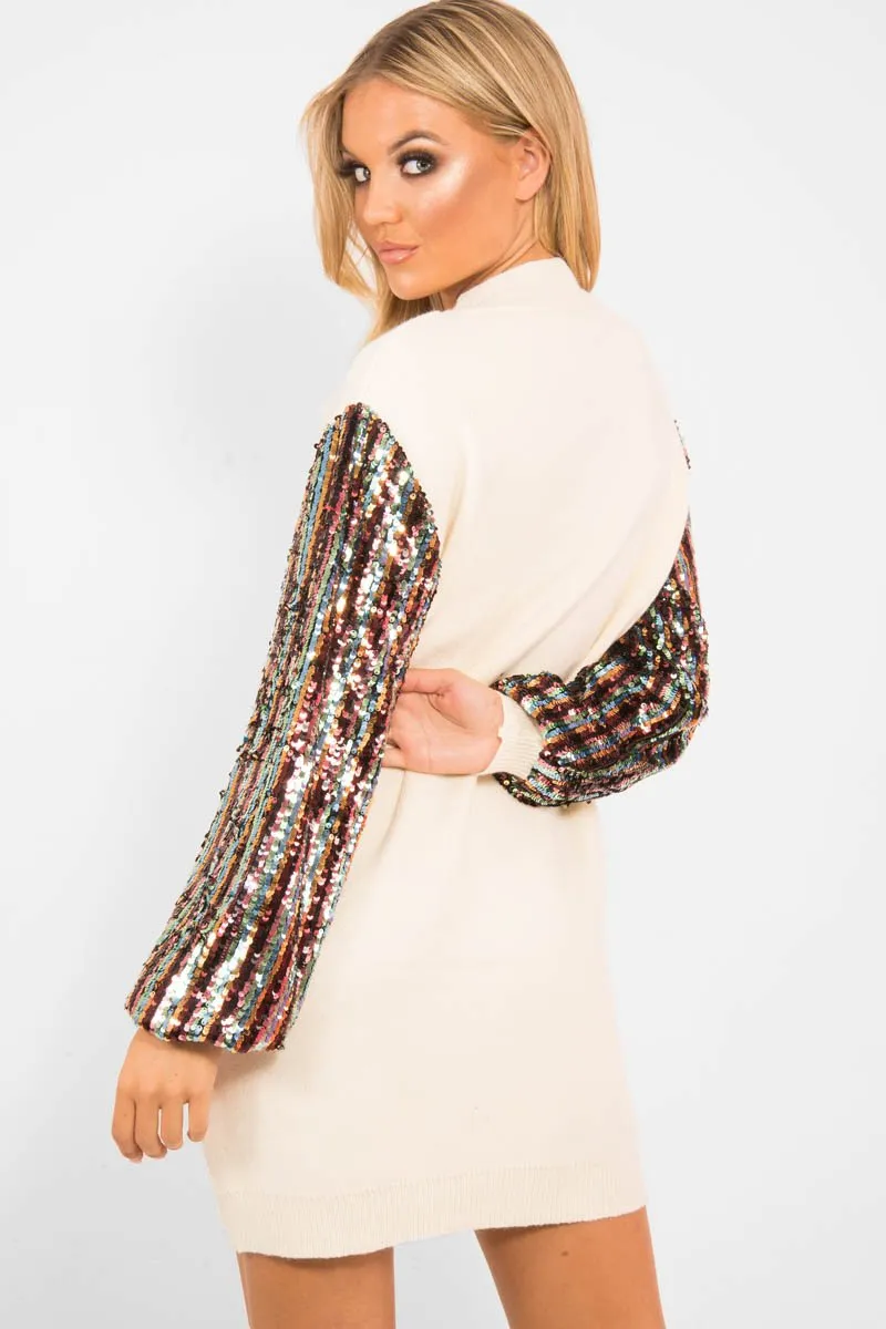 Cream Sequin Sleeve Jumper Dress - Moniece