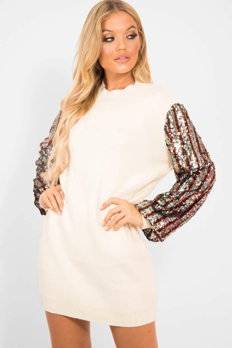 Cream Sequin Sleeve Jumper Dress - Moniece