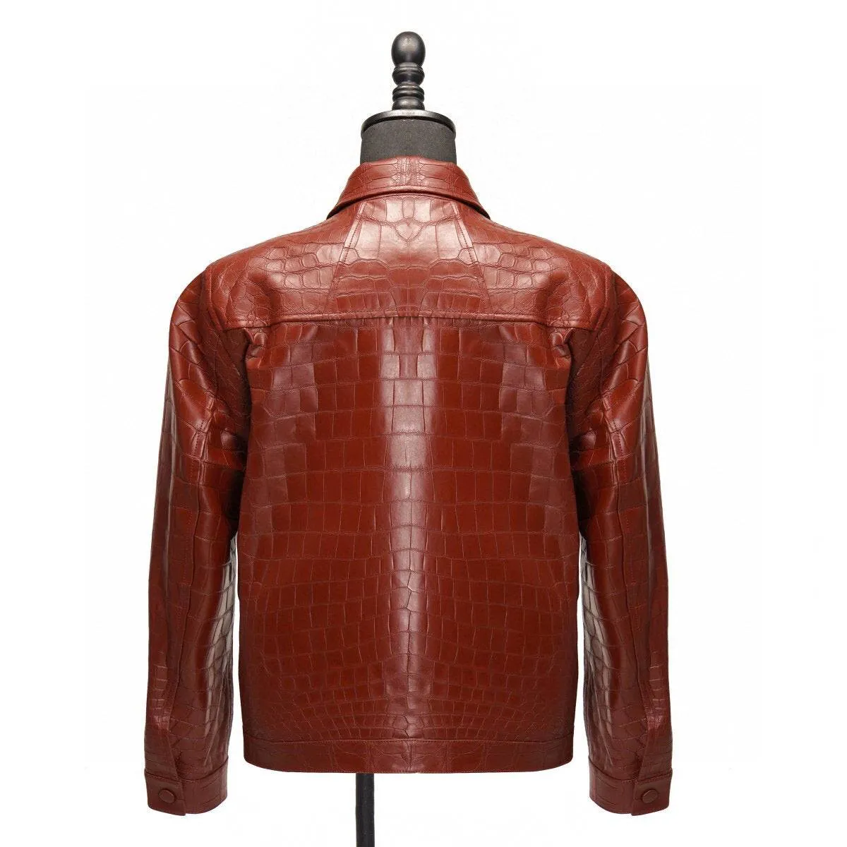 Crocodile Leather Jacket Zip Up Slim Fit Casual Trucker Coat Red