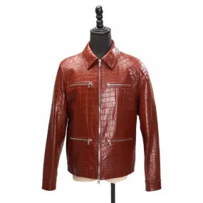 Crocodile Leather Jacket Zip Up Slim Fit Casual Trucker Coat Red