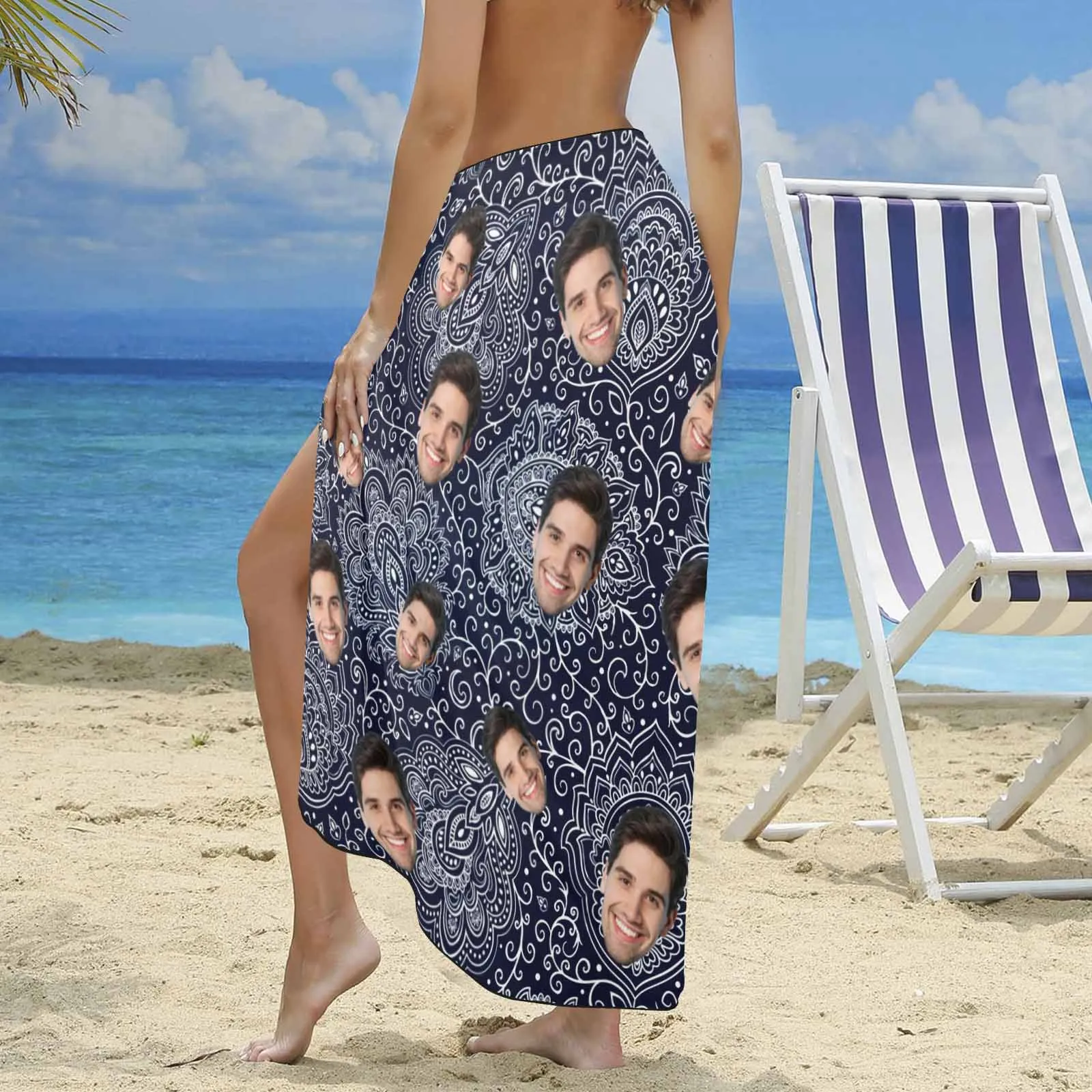 Custom Boyfriends Face Long Sarongs Beach Wrap Personalized Bikini Cover Up