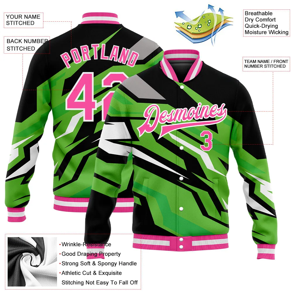 Custom Kelly Green Pink-Black 3D Pattern Design Bomber Full-Snap Varsity Letterman Jacket