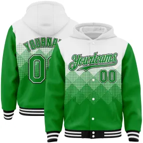 Custom White Grass Green-Black Gradient Square Shape 3D Pattern Design Bomber Full-Snap Varsity Letterman Hoodie Jacket