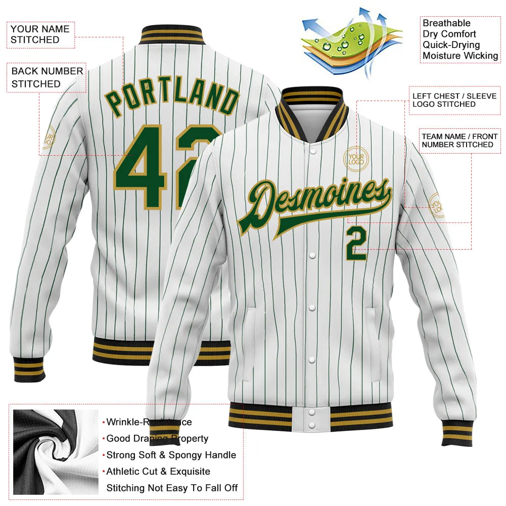 Custom White Green Pinstripe Old Gold-Black Bomber Full-Snap Varsity Letterman Jacket