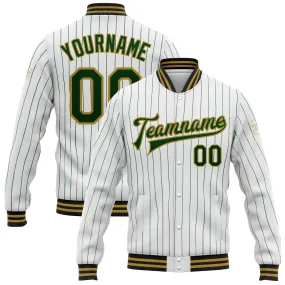 Custom White Green Pinstripe Old Gold-Black Bomber Full-Snap Varsity Letterman Jacket