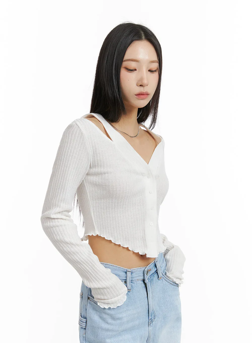 Cut Out Buttoned Long Sleeve Crop Top CJ408